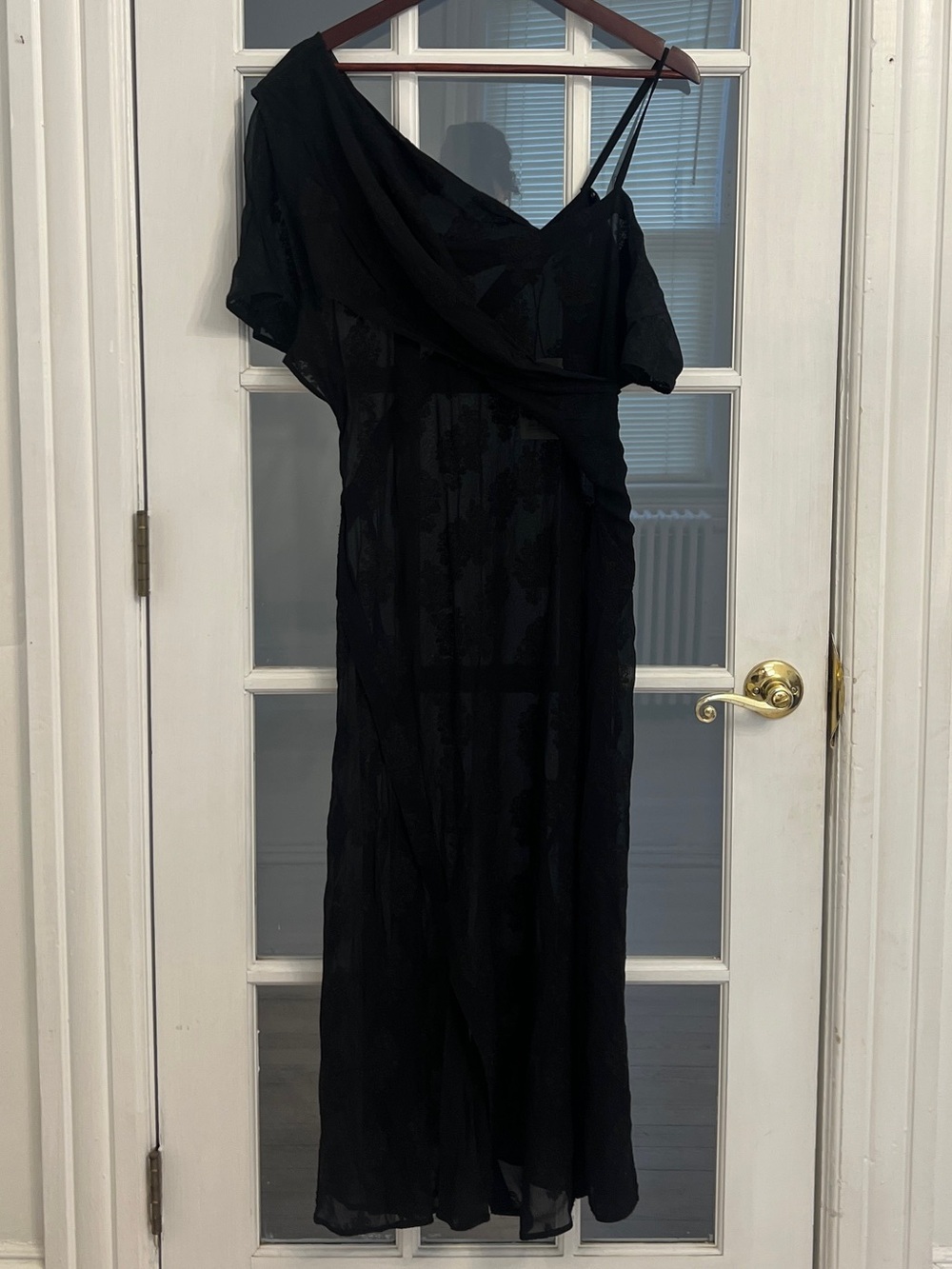 THEORY Women's Black Embroidered One Shoulder Placket Flounce Midi Dress Size 12
